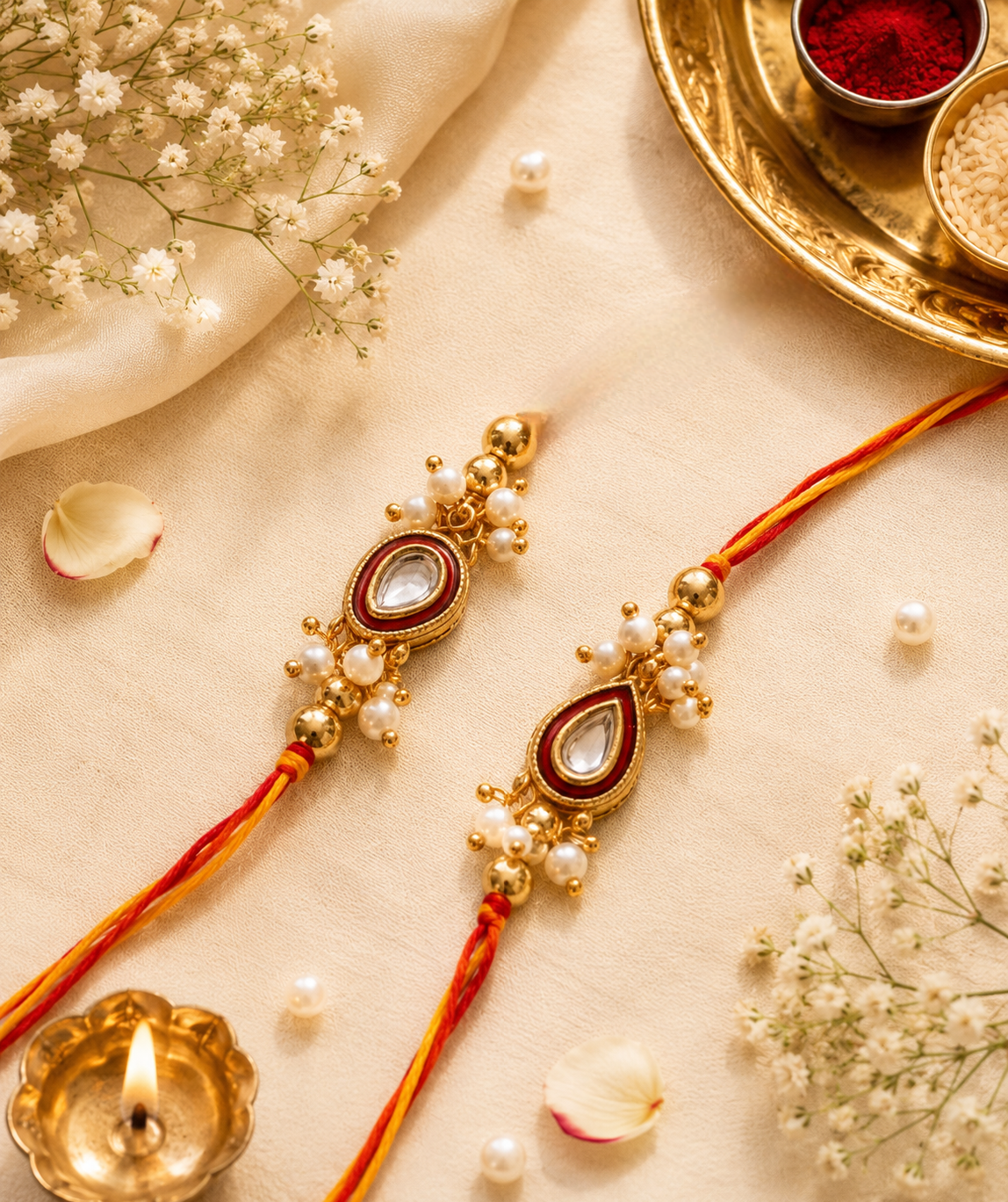 Traditional Moli Kalawa Bhaiya Bhabhi Rakhi Pair with Roli Chawal and Best Wishes Card