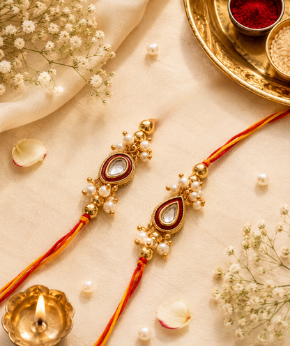 Traditional Moli Kalawa Bhaiya Bhabhi Rakhi Pair with Roli Chawal and Best Wishes Card