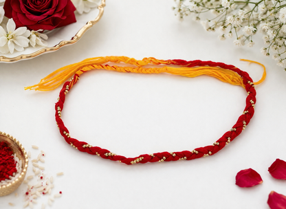 Golden Beads Moli Kalawa Shubh Rakhi for Brother with Traditional Sacred Red Thread