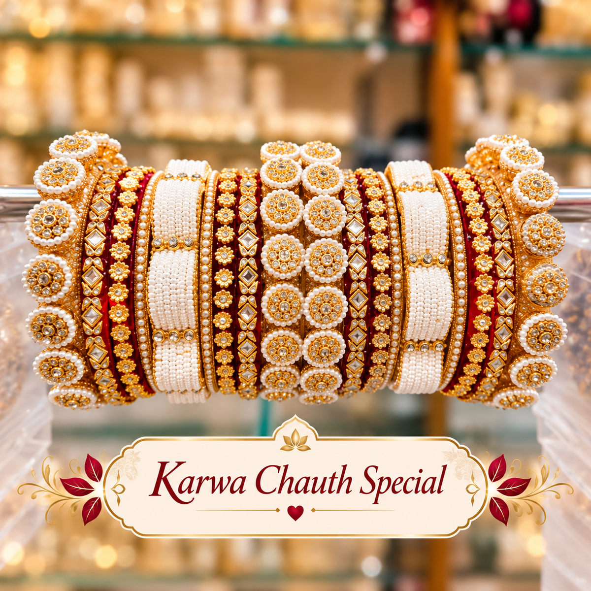 Traditional Rajputi chooda for Karwa Chauth with red gold and pearl-style bridal detailing