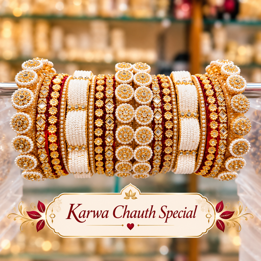 Traditional Rajputi chooda for Karwa Chauth with red gold and pearl-style bridal detailing