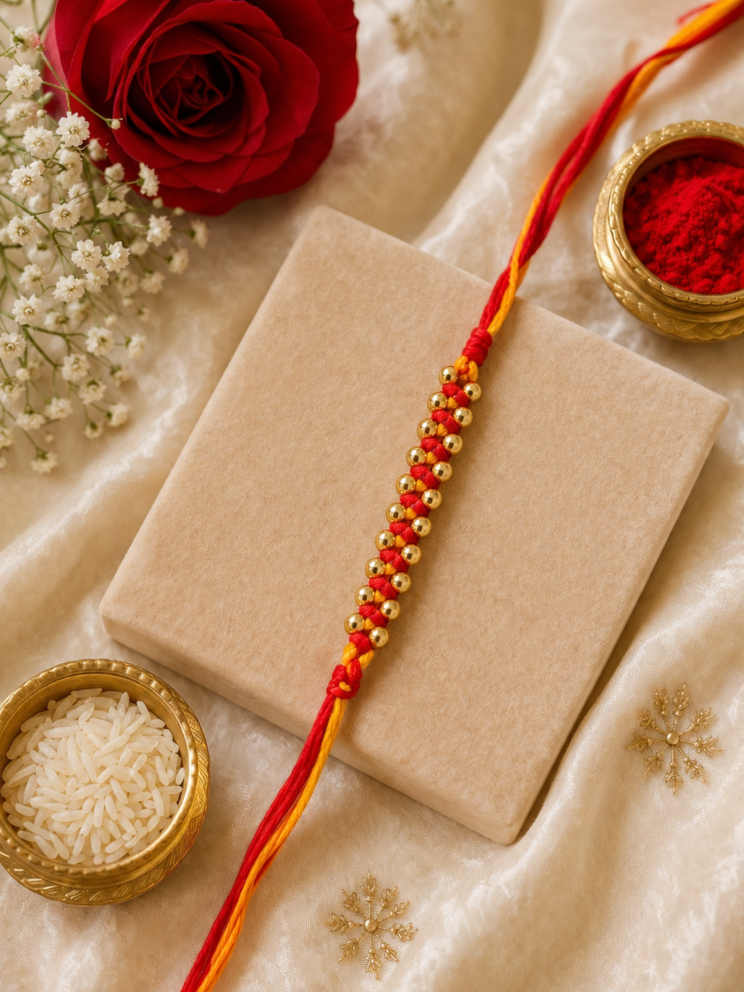 Handmade Sacred Thread Rakhi with Golden Beads