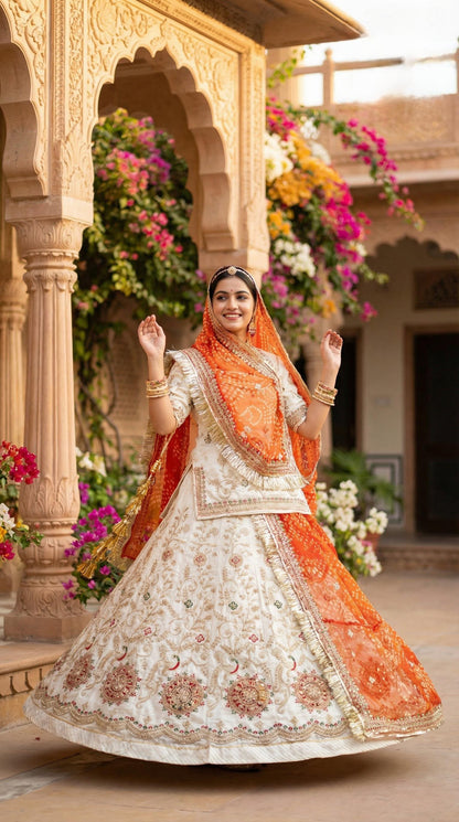 Trending satin Rajputi Poshak with contrast pure Odhani
