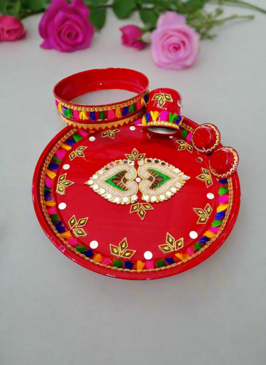 Traditional Karwa Chauth pooja thali set with lota diya channi and katori