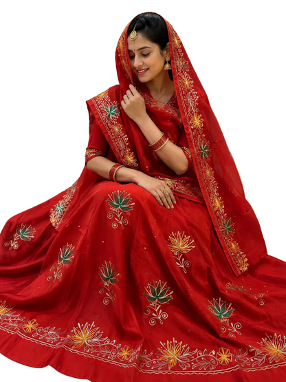 Close-up of rich Upada Silk fabric on traditional Rajasthani Poshak