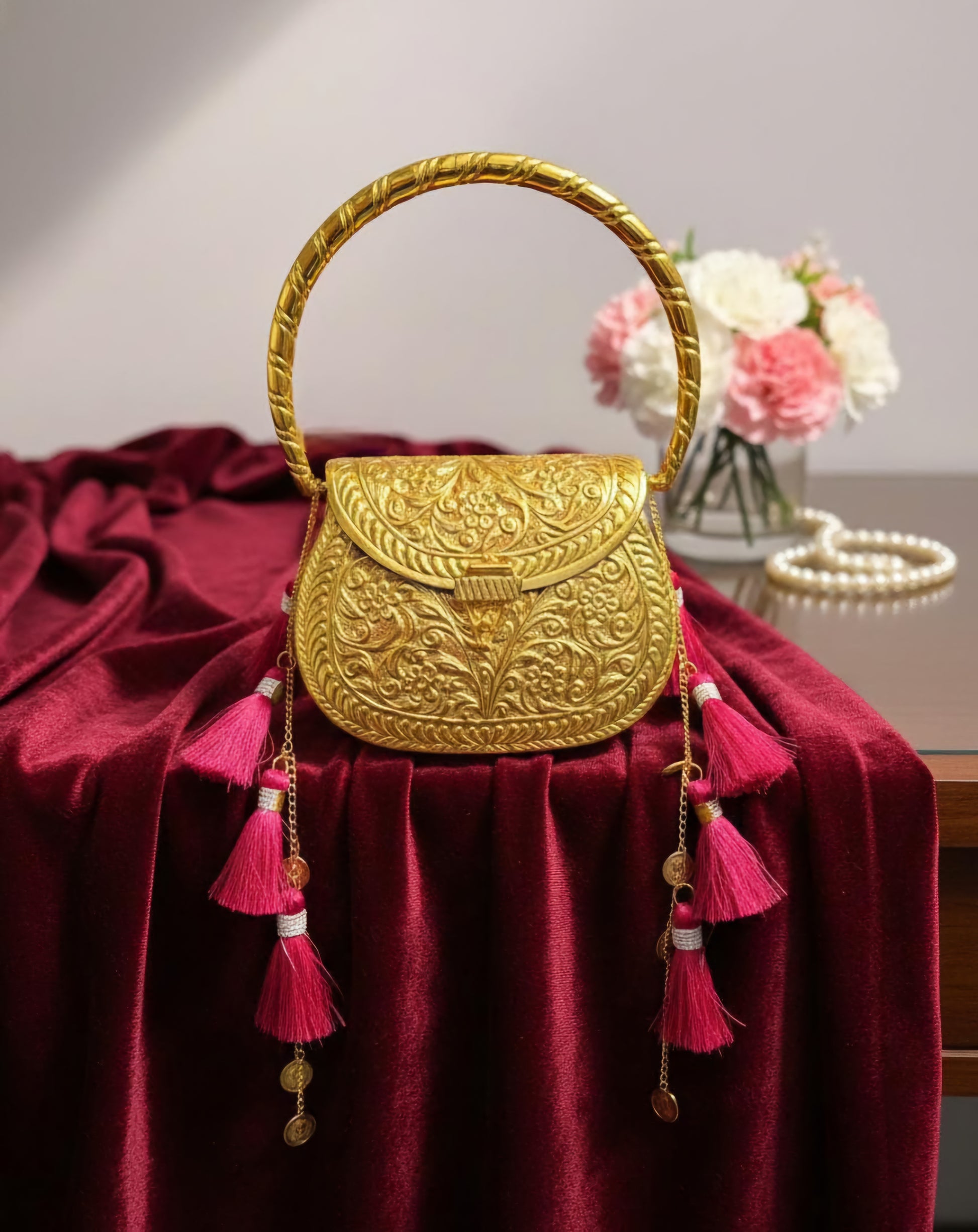 Vintage floral engraved brass clutch bag with antique gold finish