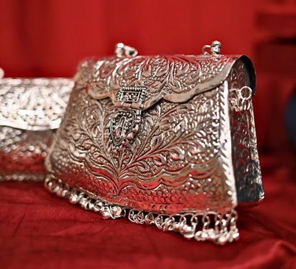 Vintage silver brass engraved clutch with ghungroo detailing