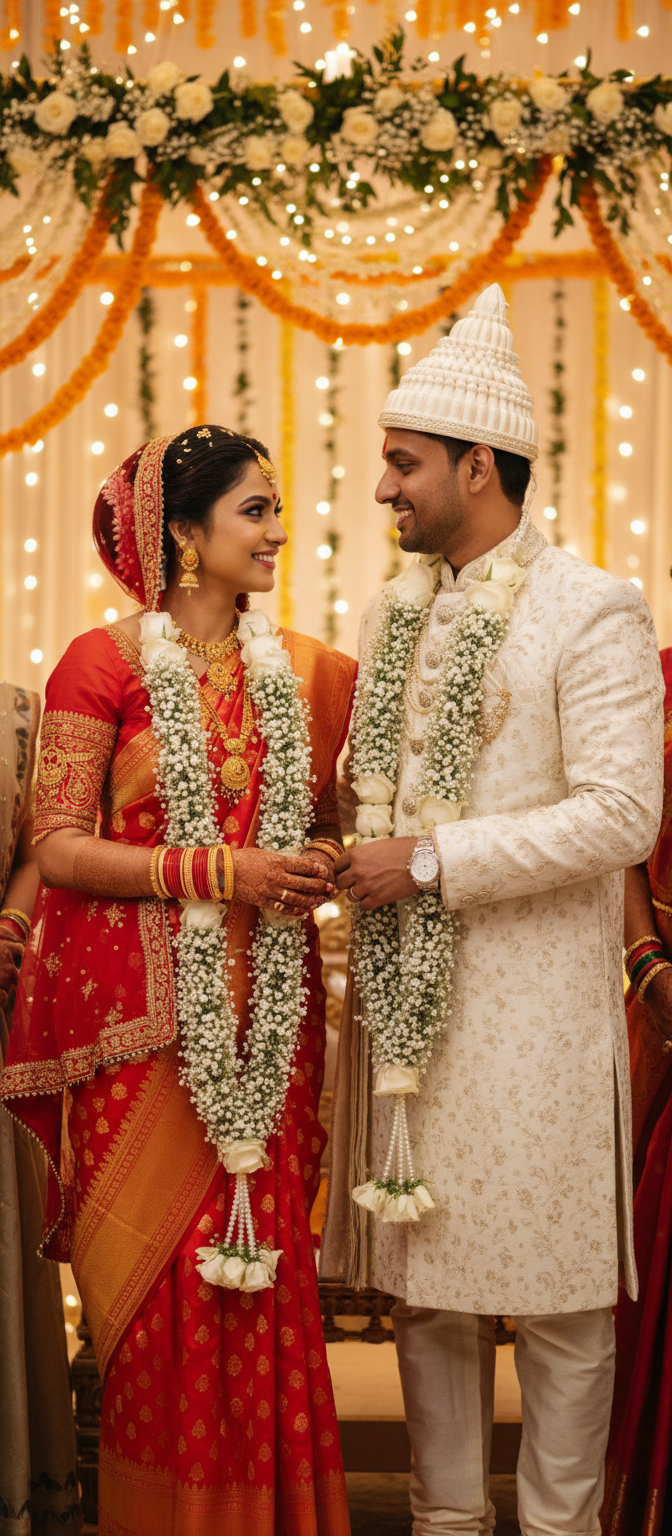Close-up of white rose wedding garland with delicate baby's breath flowers for traditional marriage rituals