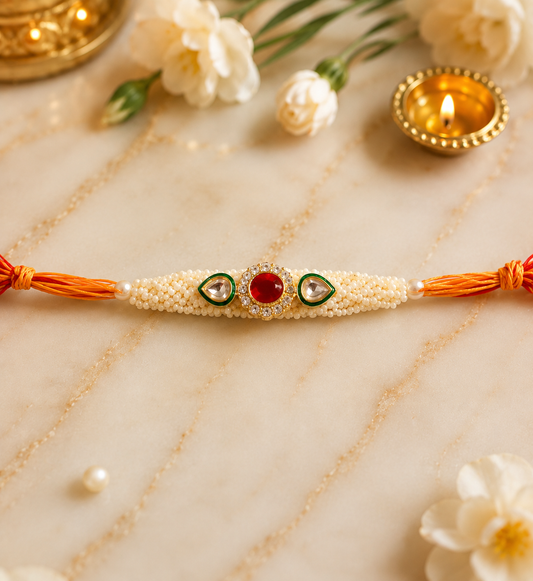 Wonderous Handcrafted Kundan Work Pearl Rakhi for Brother with Premium Designer Detailing