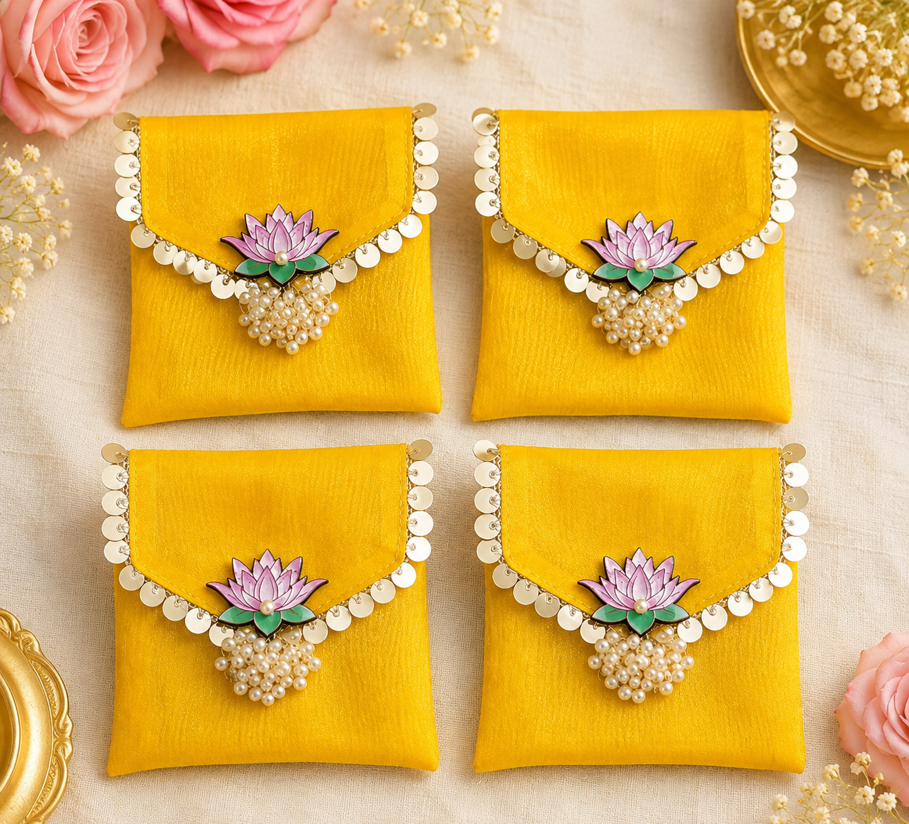 Yellow organza coin pouches with Lotus embellishment and Moti Latkan