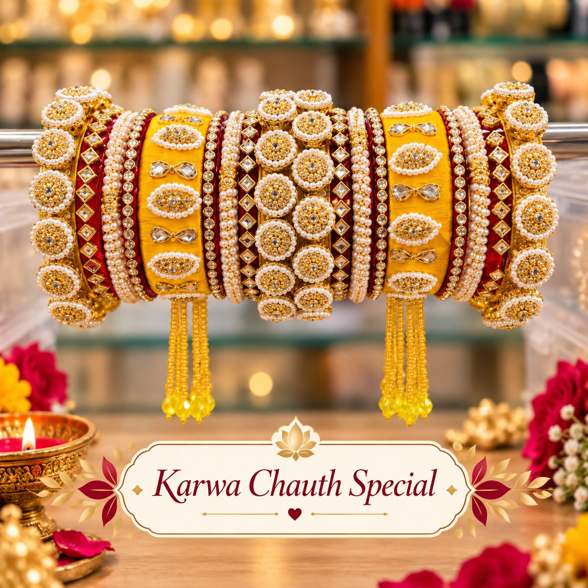 Yellow Rajputi chooda for Karwa Chauth with gold detailing and hanging tassels