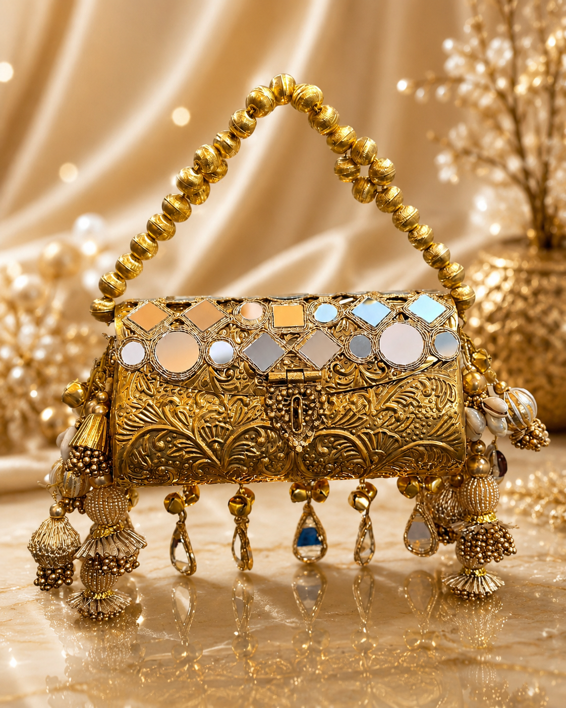 Antique gold clutch with Zari Ghungroo tassel detailing