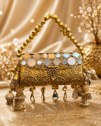 Antique gold clutch with Zari Ghungroo tassel detailing